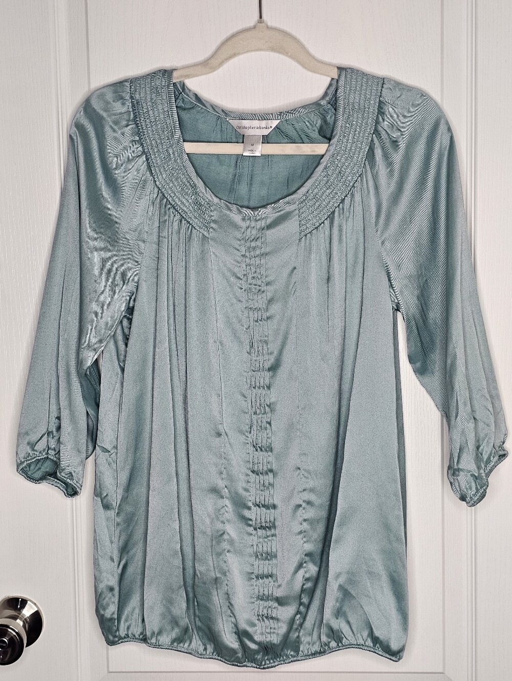 Christopher & Banks Blue Satin Ruched 3/4 Sleeve Blouse Size M